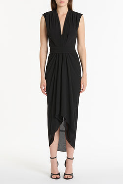BLACK GEORGETTE SLEEVELESS WATERFALL DRESS