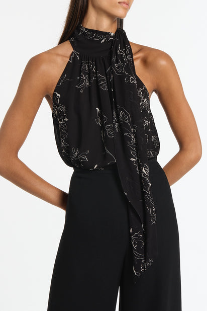 BLACK LINEAR FLORAL GATHERED HALTER TOP