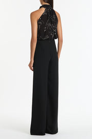 BLACK LINEAR FLORAL GATHERED HALTER TOP