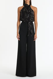 BLACK LINEAR FLORAL GATHERED HALTER TOP