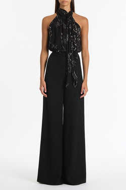 BLACK LINEAR FLORAL GATHERED HALTER TOP