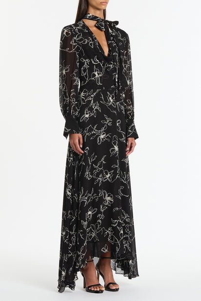 BLACK LINEAR FLORAL MIDI DRESS