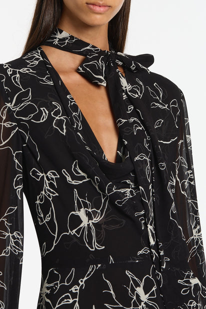 BLACK LINEAR FLORAL MIDI DRESS