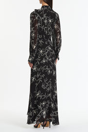 BLACK LINEAR FLORAL MIDI DRESS