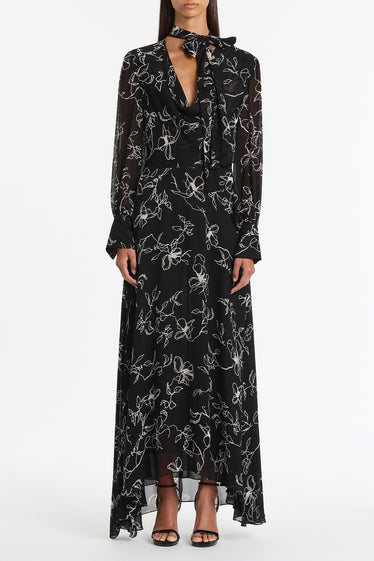 BLACK LINEAR FLORAL MIDI DRESS