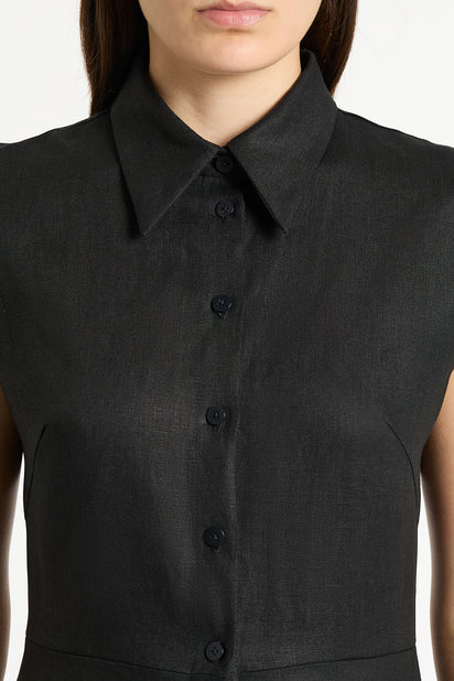 BLACK LINEN BUTTON UP DRESS
