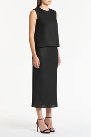 BLACK LINEN MIDI BIAS SKIRT