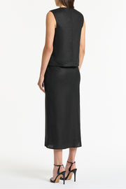 BLACK LINEN MIDI BIAS SKIRT