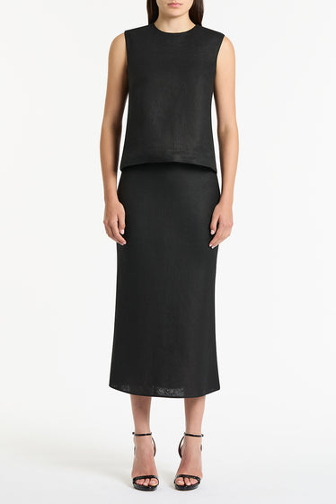 BLACK LINEN MIDI BIAS SKIRT