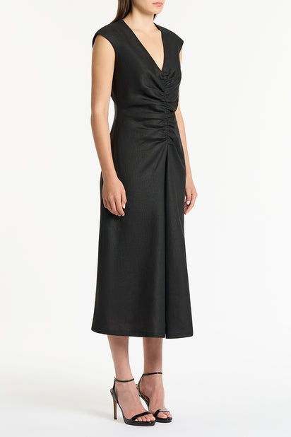 BLACK LINEN RUCHED DRESS