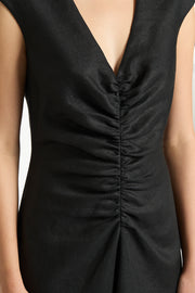 BLACK LINEN RUCHED DRESS