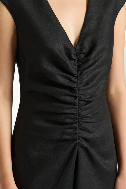 BLACK LINEN RUCHED DRESS