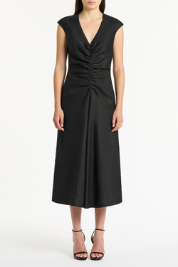 BLACK LINEN RUCHED DRESS
