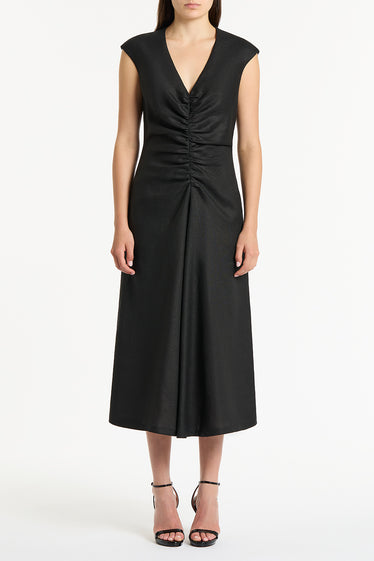 BLACK LINEN RUCHED DRESS