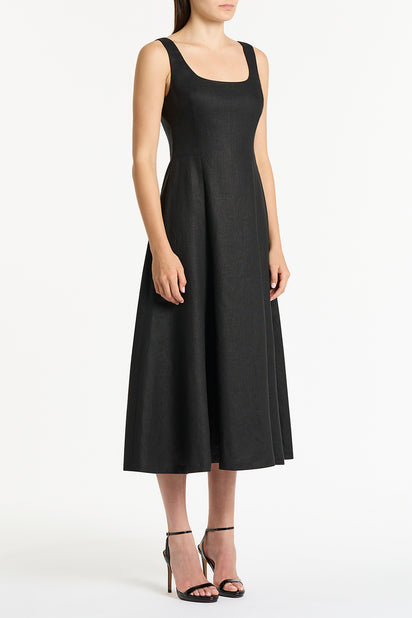 BLACK LINEN SQUARE NECK MIDI DRESS