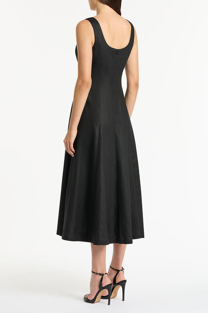 BLACK LINEN SQUARE NECK MIDI DRESS
