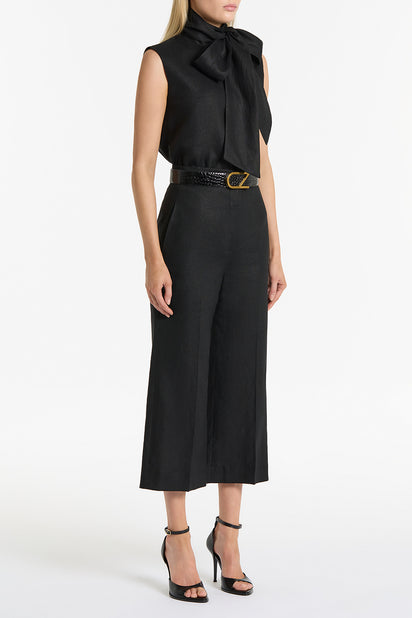 BLACK LINEN WAISTED CROP PANT