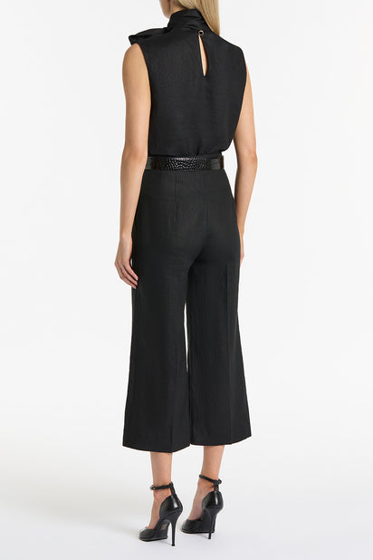 BLACK LINEN WAISTED CROP PANT