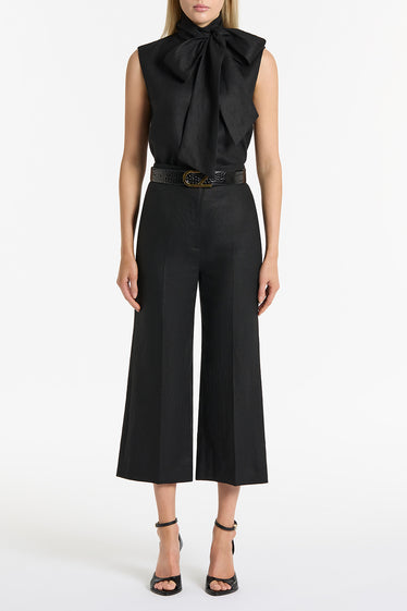 BLACK LINEN WAISTED CROP PANT