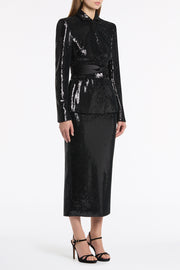 BLACK LIQUID SEQUIN LONG LINE PENCIL SKIRT