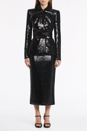 BLACK LIQUID SEQUIN LONG LINE PENCIL SKIRT