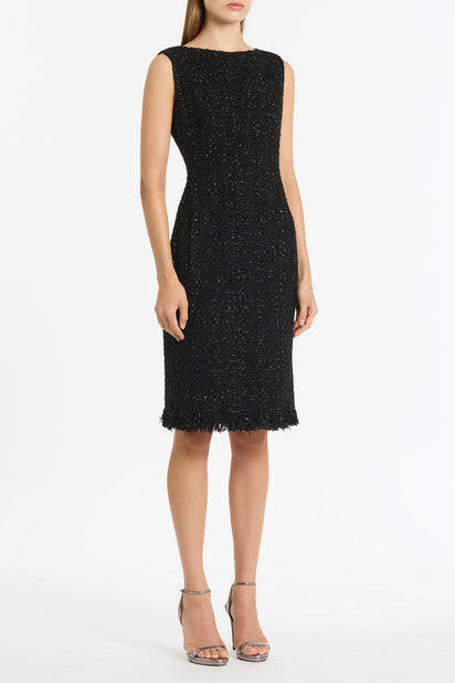BLACK LUREX TWEED FRINGE SHEATH DRESS
