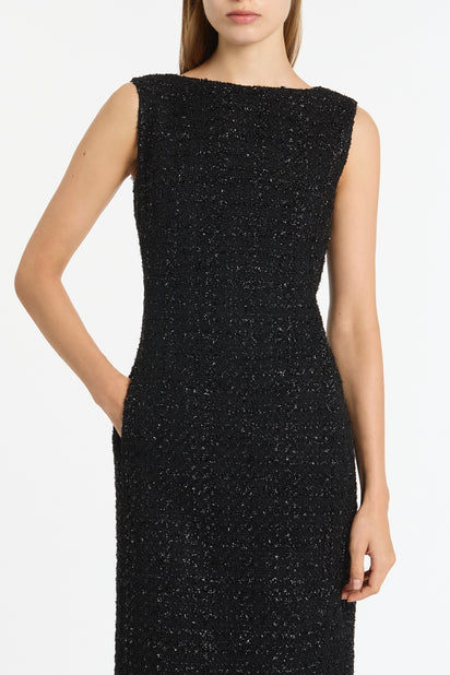 BLACK LUREX TWEED FRINGE SHEATH DRESS