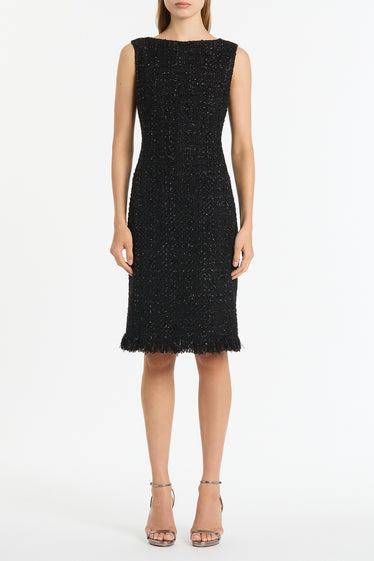 BLACK LUREX TWEED FRINGE SHEATH DRESS
