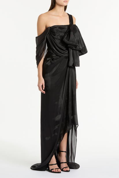 BLACK LUSTRE CHIFFON BOW GOWN