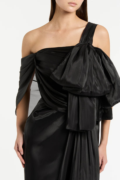 BLACK LUSTRE CHIFFON BOW GOWN