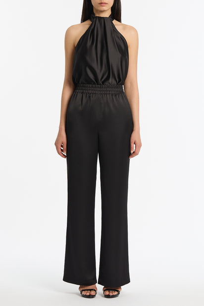 BLACK LUSTRE SATIN DRAPE NECK TOP