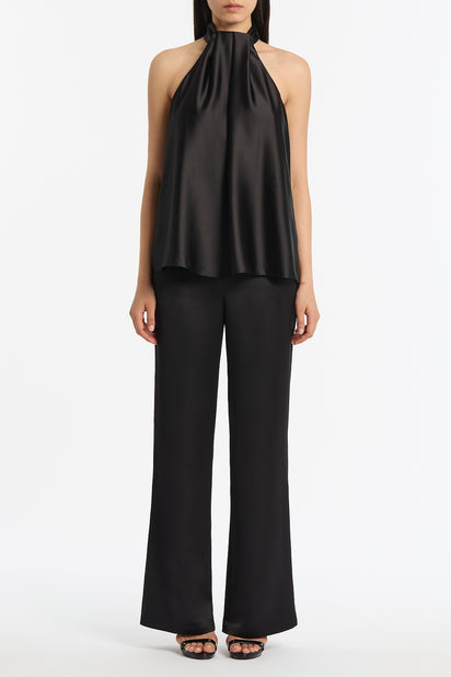 BLACK LUSTRE SATIN DRAPE NECK TOP