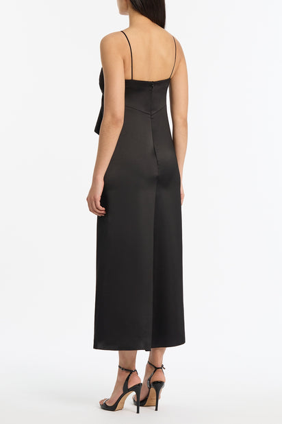 BLACK LUSTRE SATIN FRILL FRONT DRESS