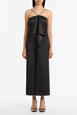 BLACK LUSTRE SATIN FRILL FRONT DRESS