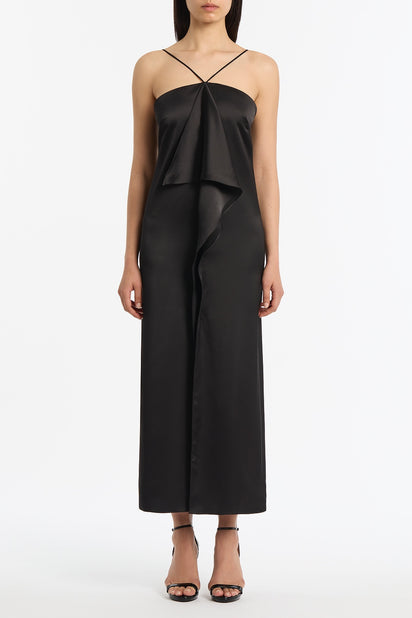 BLACK LUSTRE SATIN FRILL FRONT DRESS