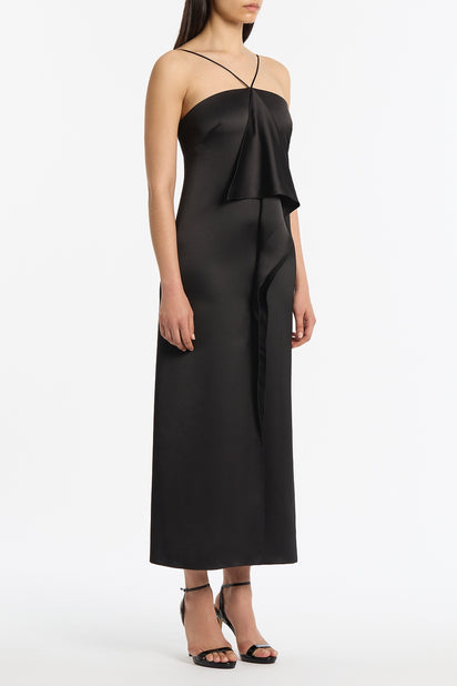 BLACK LUSTRE SATIN FRILL FRONT DRESS