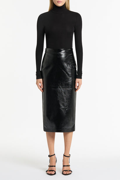 BLACK LUSTRO LEATHER MIDI SKIRT