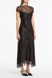 BLACK METALLIC LACE CAP SLEEVE MIDI DRESS