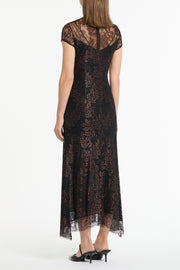 BLACK METALLIC LACE CAP SLEEVE MIDI DRESS