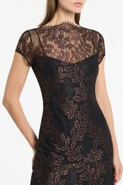 BLACK METALLIC LACE CAP SLEEVE MIDI DRESS
