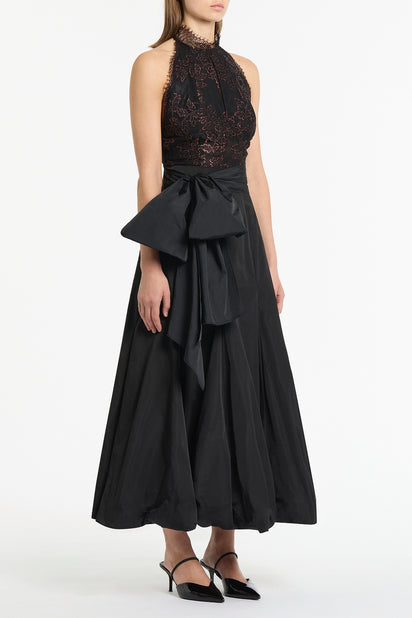 BLACK METALLIC LACE HALTER TOP