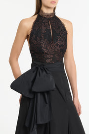 BLACK METALLIC LACE HALTER TOP