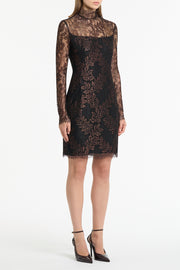 BLACK METALLIC LACE LONG SLEEVED SHORT DRESS