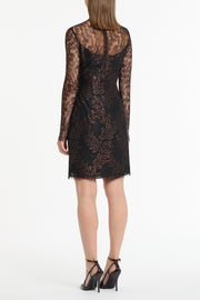 BLACK METALLIC LACE LONG SLEEVED SHORT DRESS