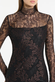 BLACK METALLIC LACE LONG SLEEVED SHORT DRESS