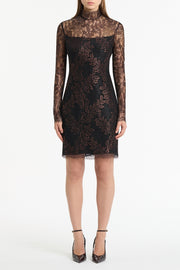 BLACK METALLIC LACE LONG SLEEVED SHORT DRESS