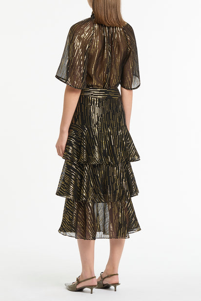 BLACK METALLIC SILK JACQUARD FLUTED SLEEVE TOP