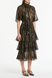 BLACK METALLIC SILK JACQUARD FLUTED SLEEVE TOP