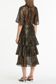 BLACK METALLIC SILK JACQUARD FLUTED SLEEVE TOP