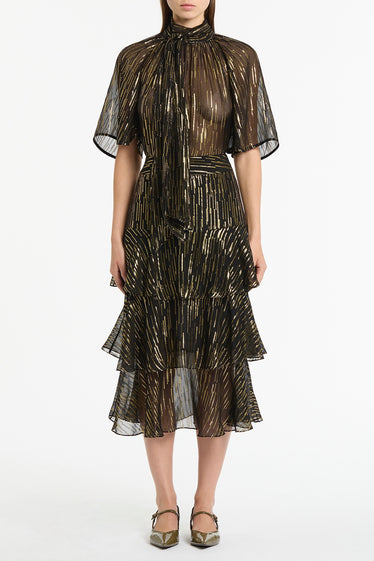 BLACK METALLIC SILK JACQUARD TIERED RUFFLE SKIRT